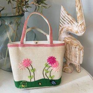 Vintage handbag flower applique tote purse